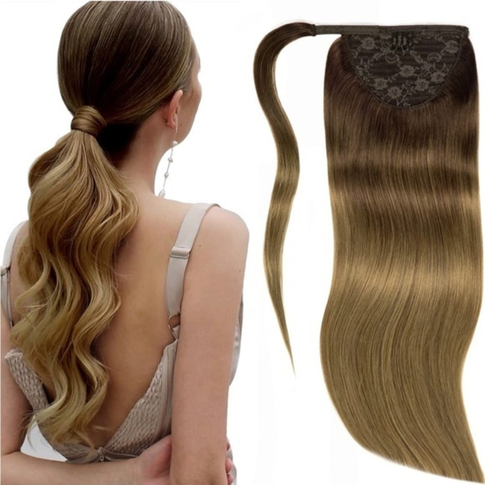 20” Ombre Dark to Light Brown Ponytail Hair Extensions 100% Human 90g T#(M3-8)-8